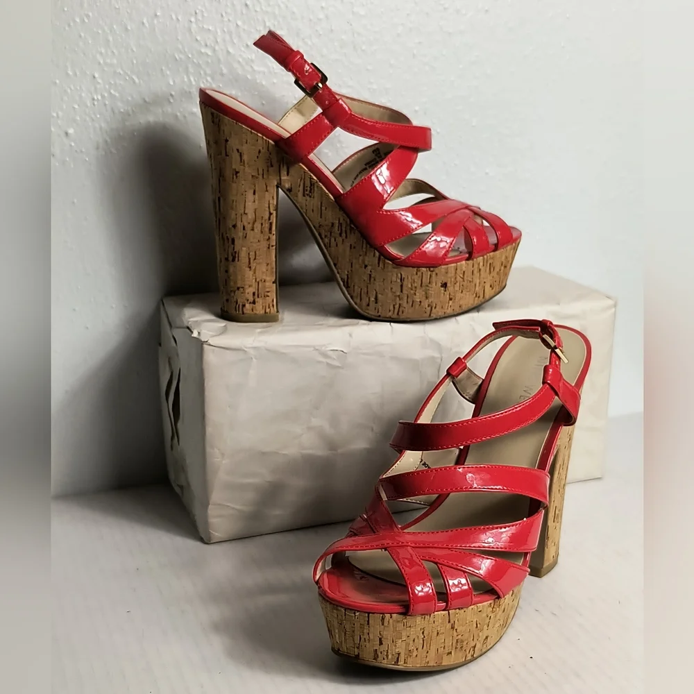 Nine West AG 6M Red Cork Platform Sandals Casual
